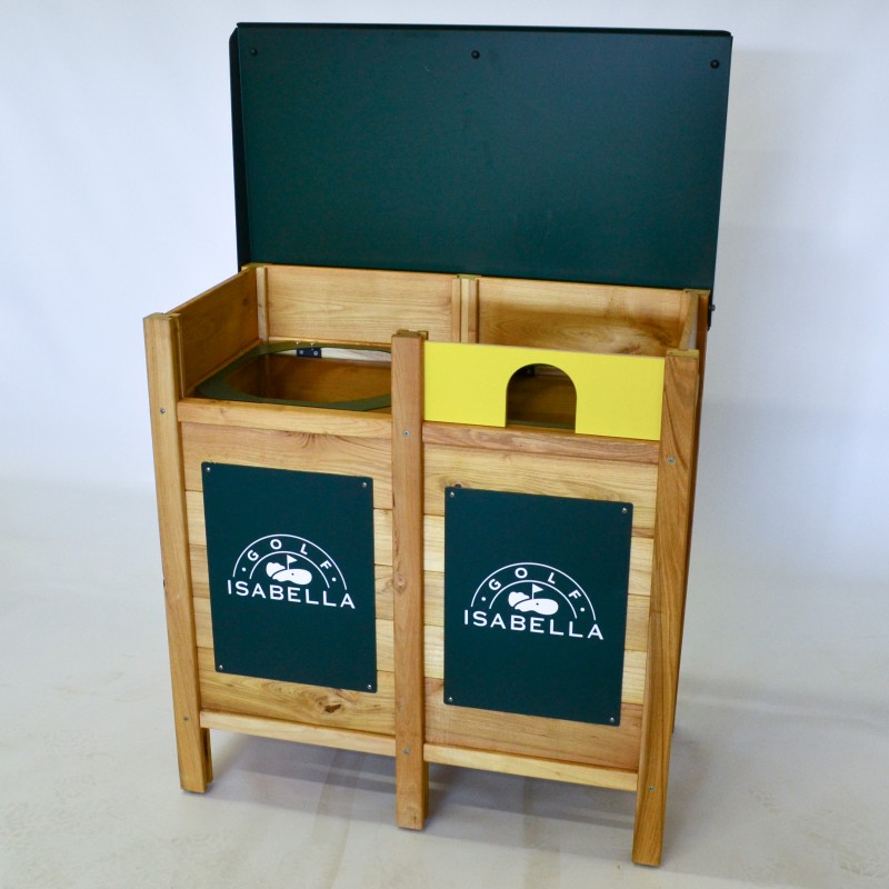 Poubelle à tri bois massif couvercle vert